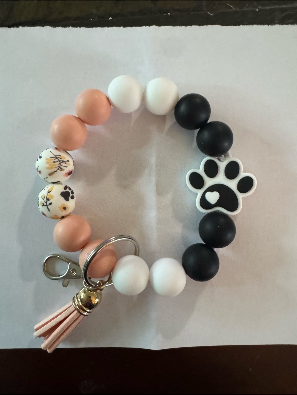 Paw Charm Beaded Keychain Bracelet - Black, White & Blush